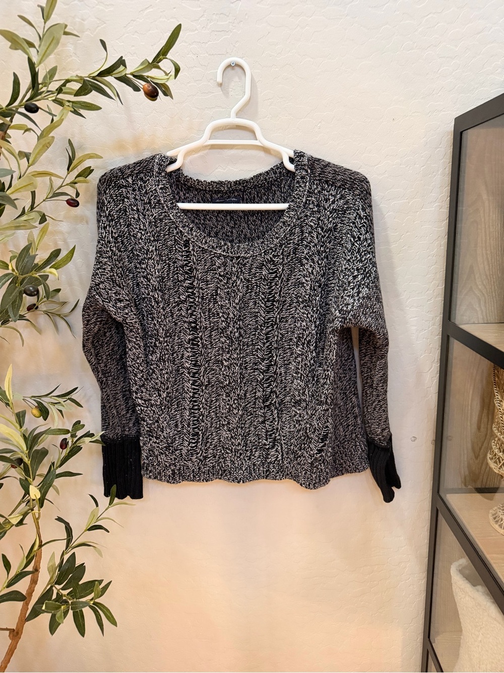 American Eagle Outfitters Black & White Marled Cable Knit Sweater